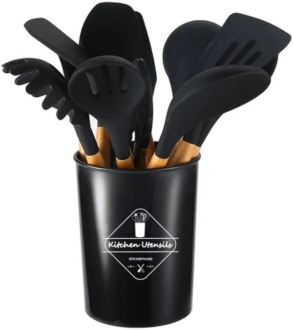 12-Piece Silicone Kitchen Utensil Set with Wooden Handles