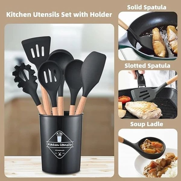 12-Piece Silicone Kitchen Utensil Set with Wooden Handles