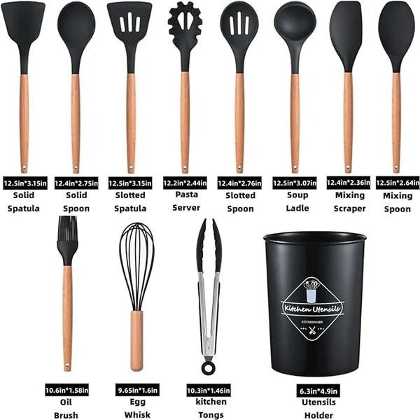 12-Piece Silicone Kitchen Utensil Set with Wooden Handles