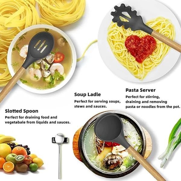 12-Piece Silicone Kitchen Utensil Set with Wooden Handles