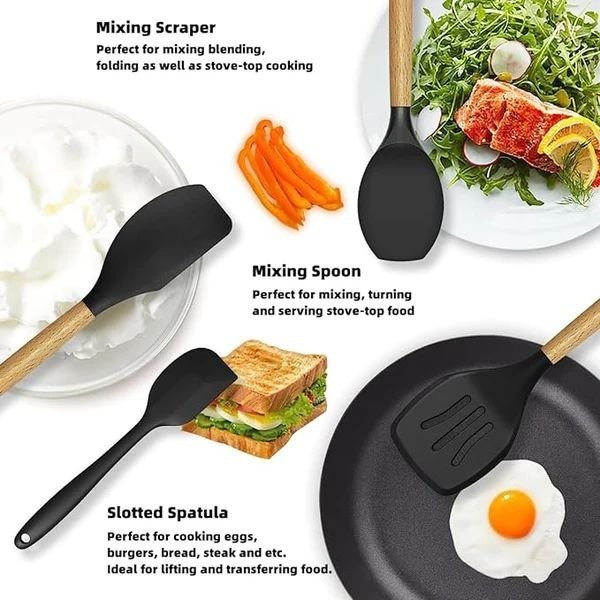 12-Piece Silicone Kitchen Utensil Set with Wooden Handles
