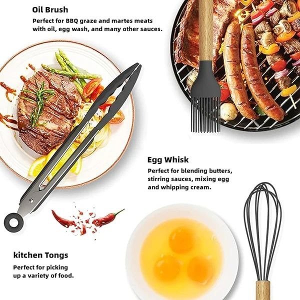 12-Piece Silicone Kitchen Utensil Set with Wooden Handles